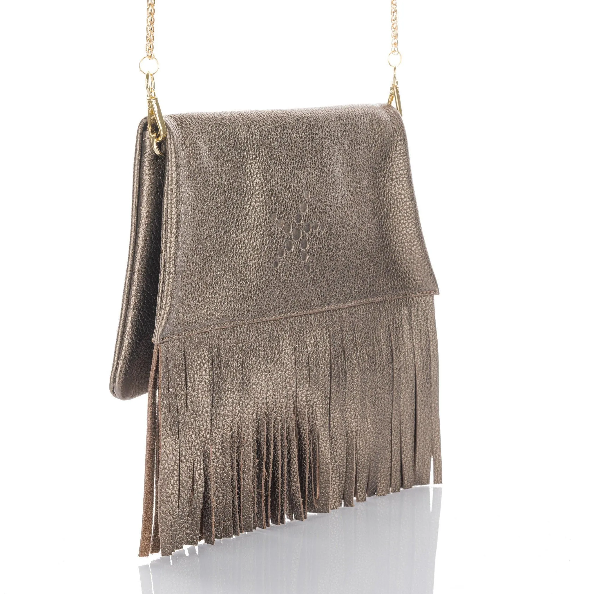 Nicole - Fringe Grain Leather Clutch Bag - Bronze