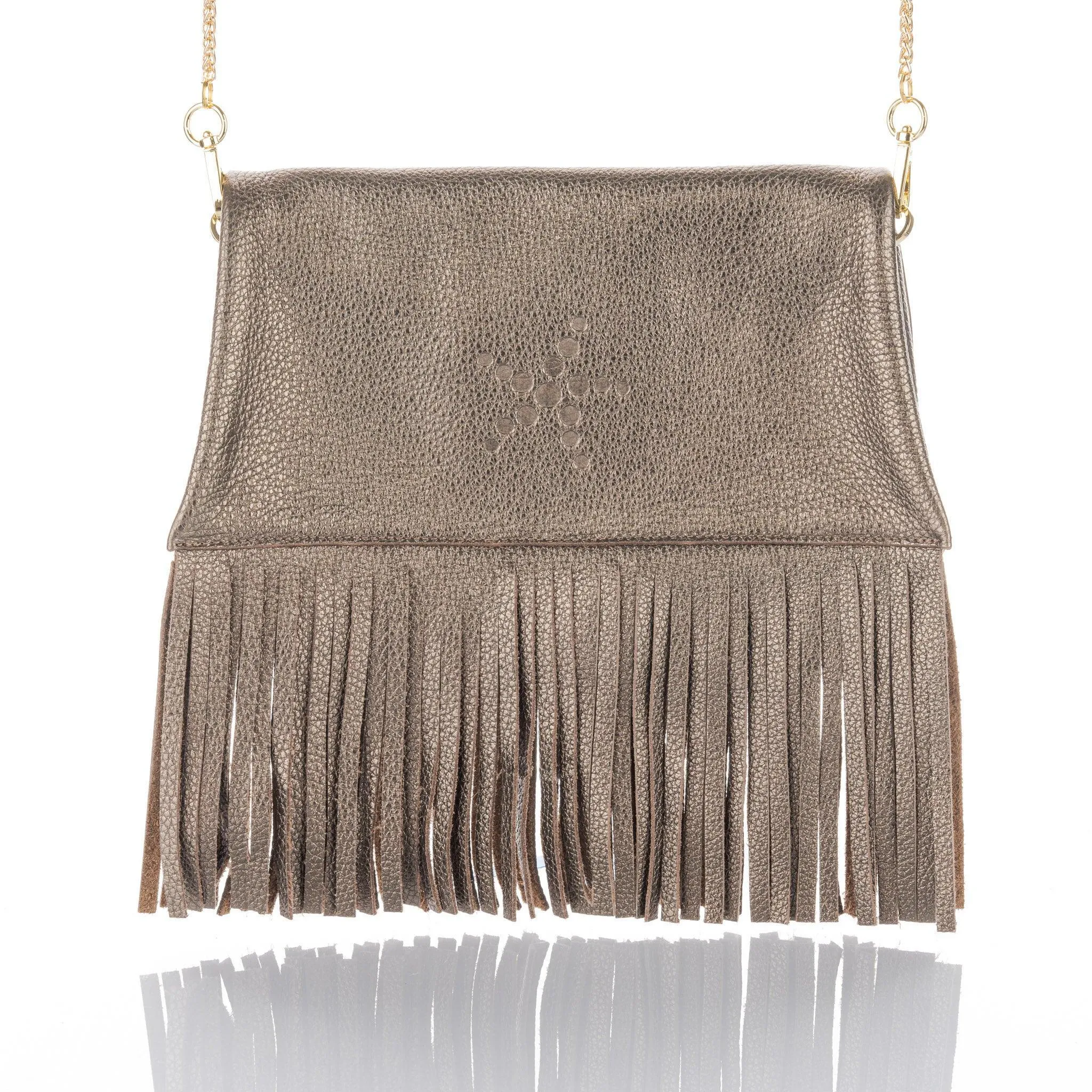 Nicole - Fringe Grain Leather Clutch Bag - Bronze
