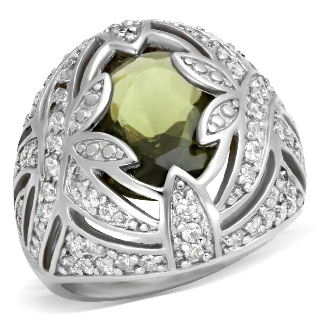 Rhodium Brass Ring with AAA Grade CZ in Olivine color for Women Style 71001