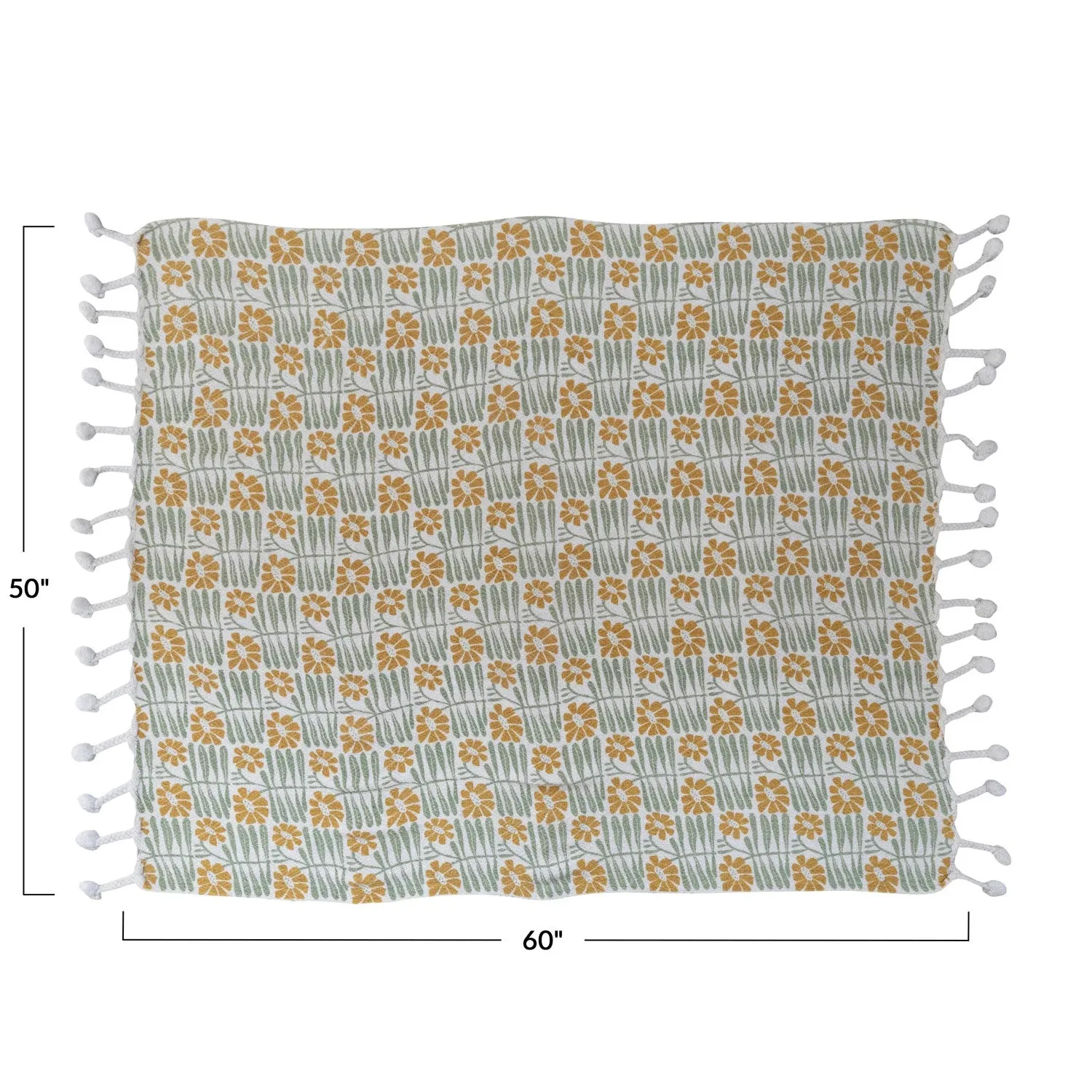 Sage & Mustard Floral Throw w braided Pom Poms 60 x 50