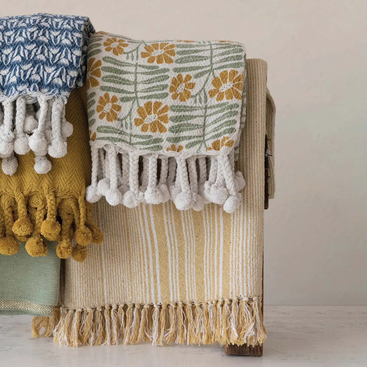 Sage & Mustard Floral Throw w braided Pom Poms 60 x 50