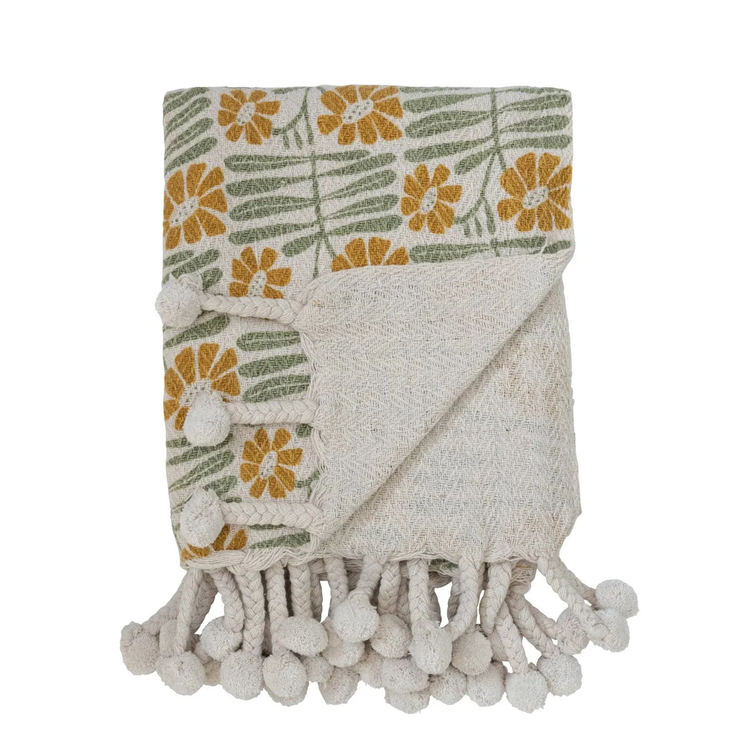 Sage & Mustard Floral Throw w braided Pom Poms 60 x 50