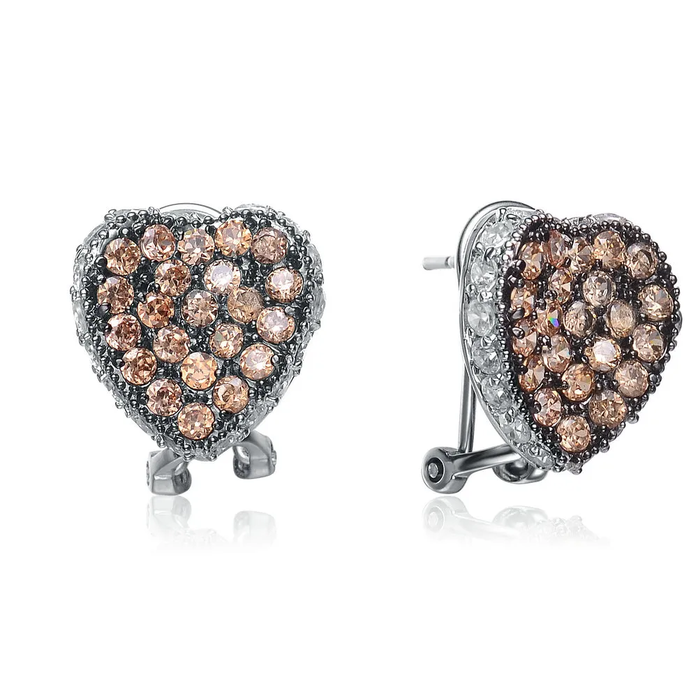 Sterling Silver Pink Cubic Zirconia Pave Heart Earrings