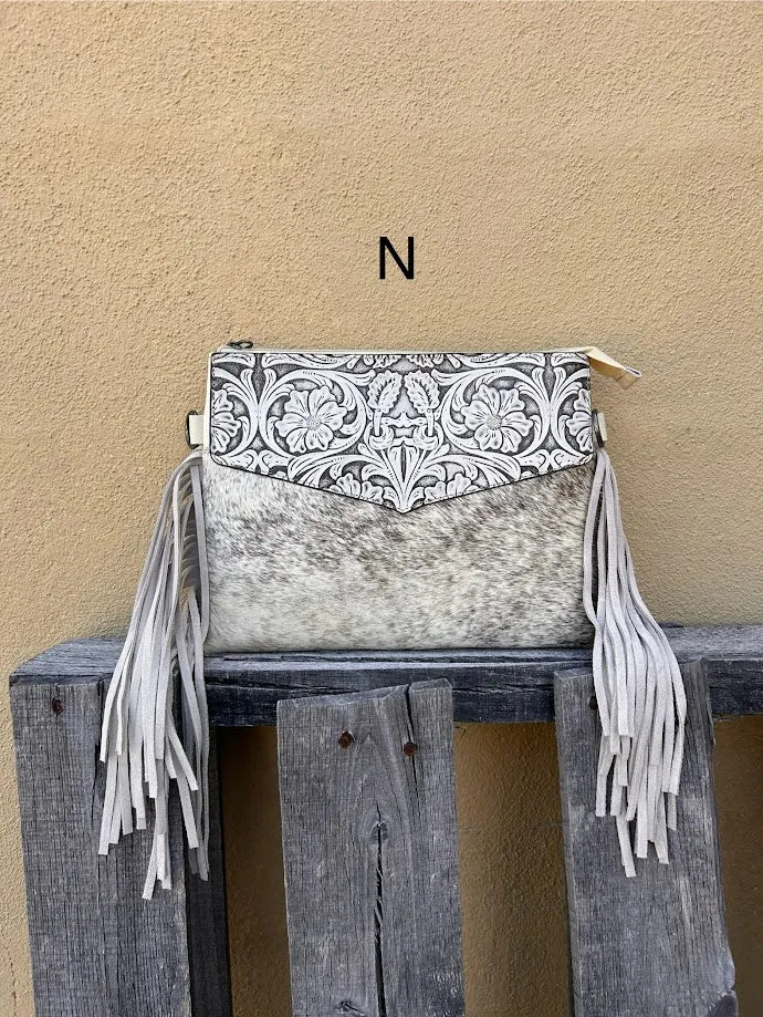 Top Notch Accessories Tooled Leather & Cowhide Purse In Beige 3073-1BG