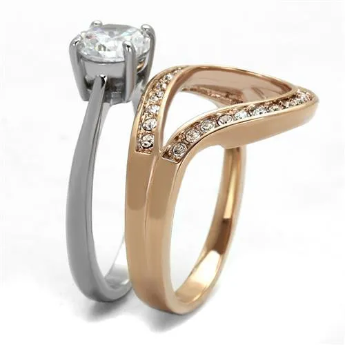 Two-Tone IP Rose Gold Stainless Steel Ring with AAA Grade CZ in Clear for Women Style TK2479