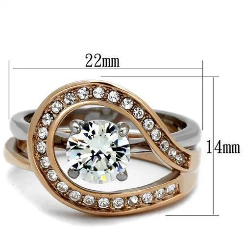 Two-Tone IP Rose Gold Stainless Steel Ring with AAA Grade CZ in Clear for Women Style TK2479