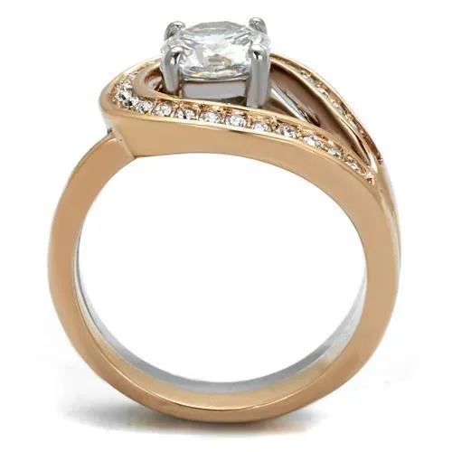 Two-Tone IP Rose Gold Stainless Steel Ring with AAA Grade CZ in Clear for Women Style TK2479