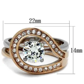 Two-Tone IP Rose Gold Stainless Steel Ring with AAA Grade CZ in Clear for Women Style TK2479