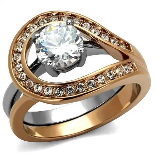 Two-Tone IP Rose Gold Stainless Steel Ring with AAA Grade CZ in Clear for Women Style TK2479