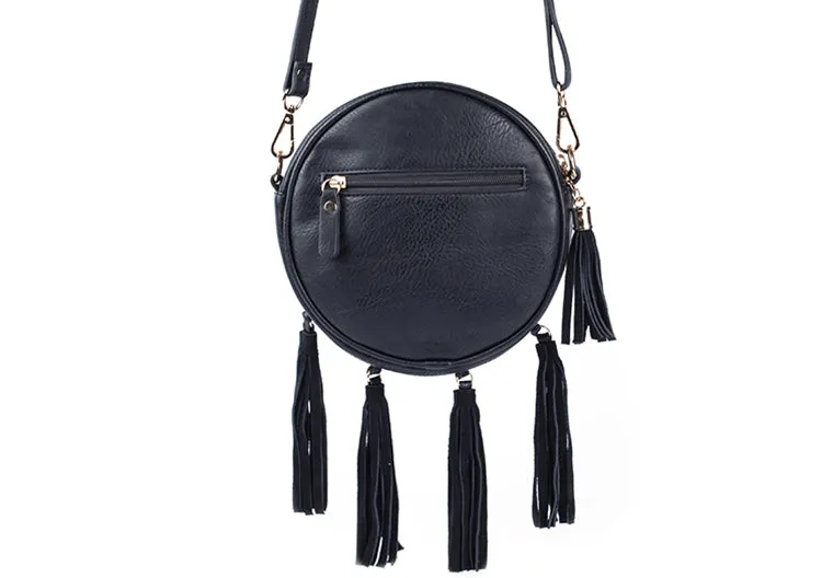 Women's Vegan Leather Round Crossbody Boho Bag With Fringe Cross Shoulder Bag For Women
