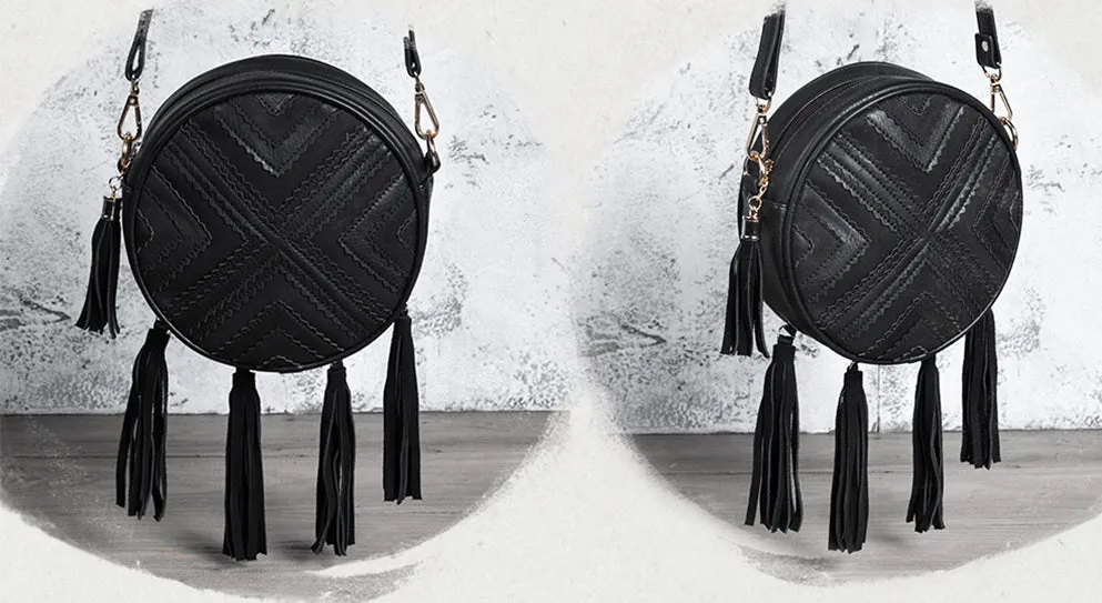 Women's Vegan Leather Round Crossbody Boho Bag With Fringe Cross Shoulder Bag For Women