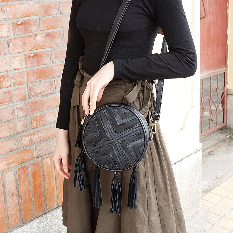 Women's Vegan Leather Round Crossbody Boho Bag With Fringe Cross Shoulder Bag For Women