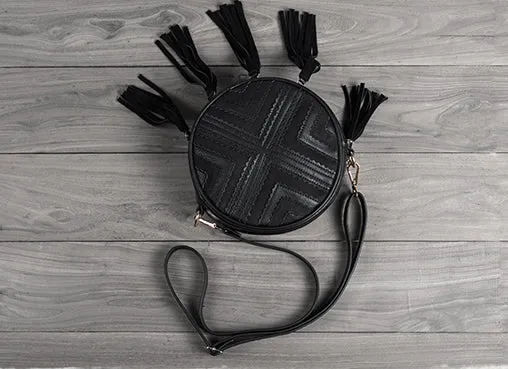 Women's Vegan Leather Round Crossbody Boho Bag With Fringe Cross Shoulder Bag For Women