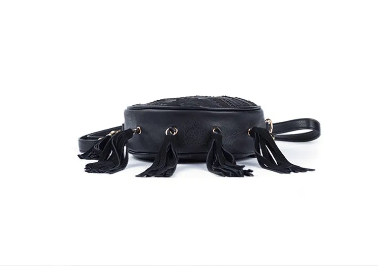 Women's Vegan Leather Round Crossbody Boho Bag With Fringe Cross Shoulder Bag For Women