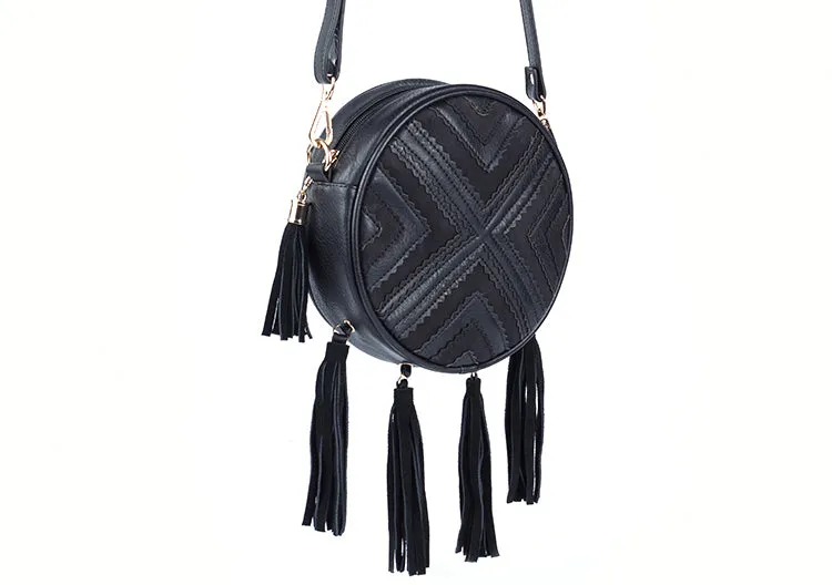 Women's Vegan Leather Round Crossbody Boho Bag With Fringe Cross Shoulder Bag For Women