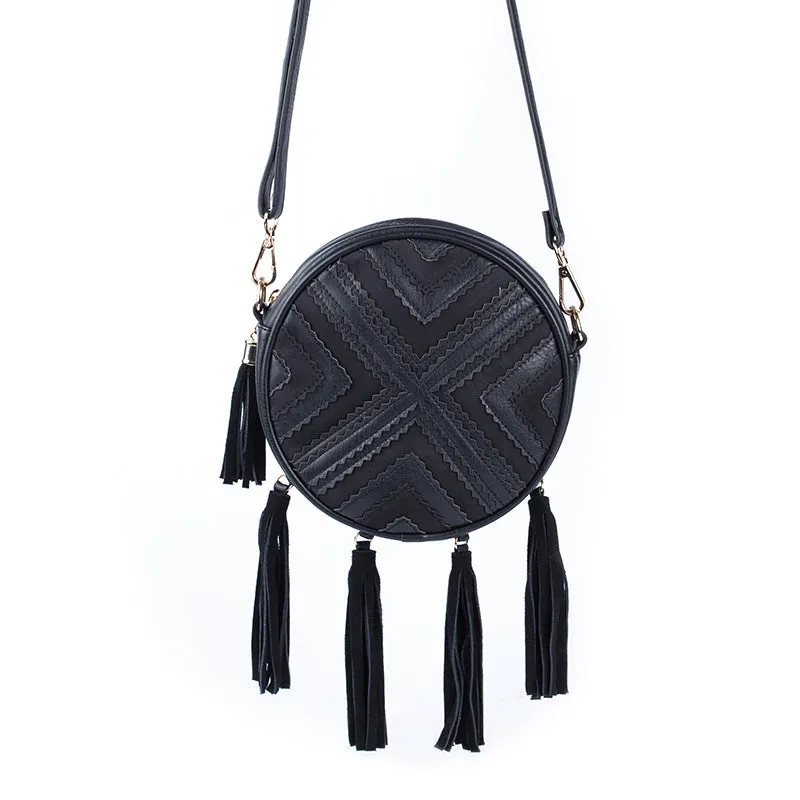Women's Vegan Leather Round Crossbody Boho Bag With Fringe Cross Shoulder Bag For Women