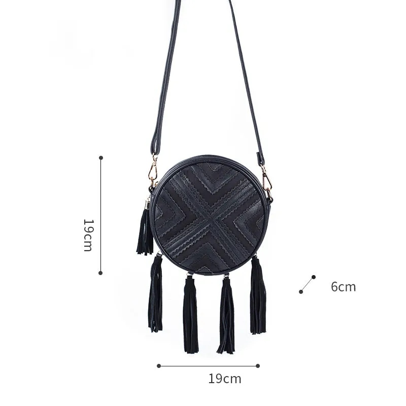 Women's Vegan Leather Round Crossbody Boho Bag With Fringe Cross Shoulder Bag For Women