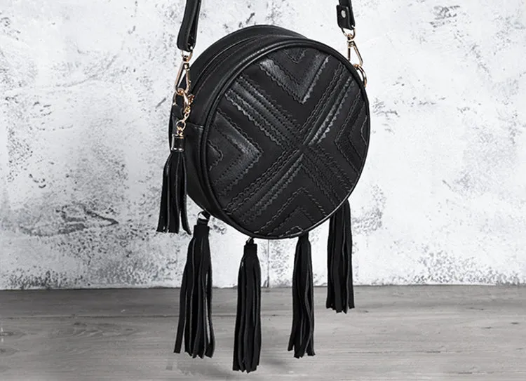 Women's Vegan Leather Round Crossbody Boho Bag With Fringe Cross Shoulder Bag For Women