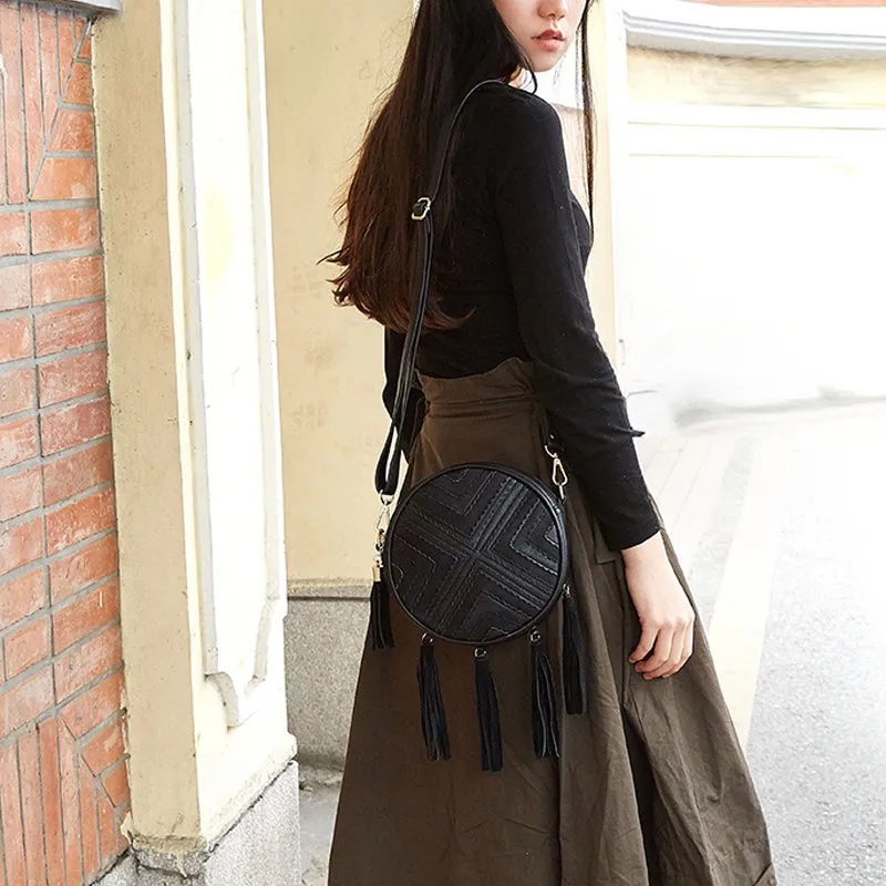 Women's Vegan Leather Round Crossbody Boho Bag With Fringe Cross Shoulder Bag For Women