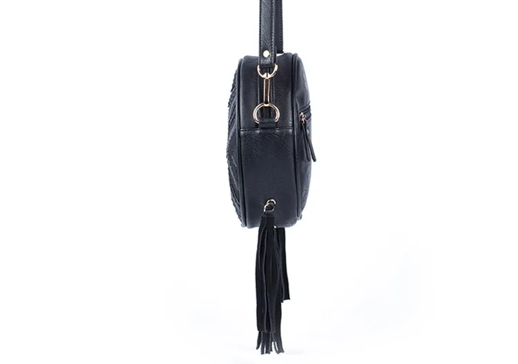 Women's Vegan Leather Round Crossbody Boho Bag With Fringe Cross Shoulder Bag For Women